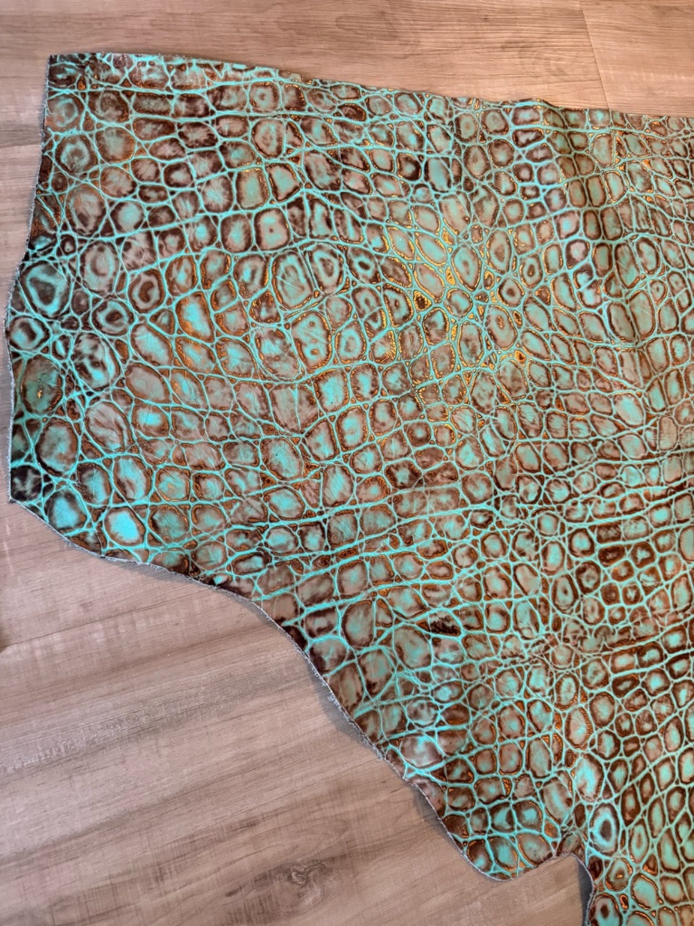Turquoise and Brown Crocodile-Embossed Leather Hide